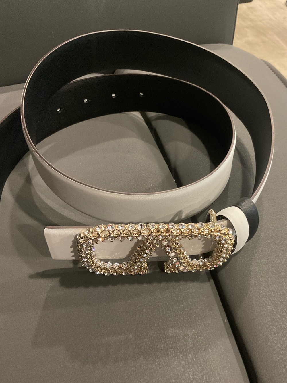 Valentino Garavani White Leather Belt with Crystal-Embellished Gold Buckle